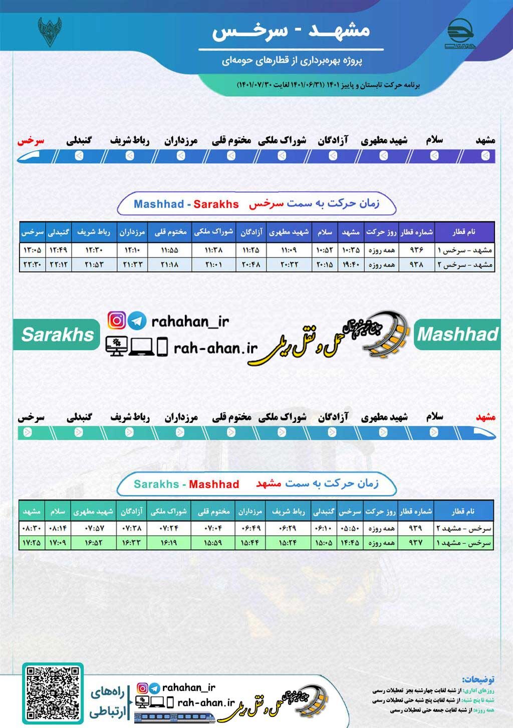 برنامه حرکت قطارهای حومه ای مشهد-سرخس/پاییز1401