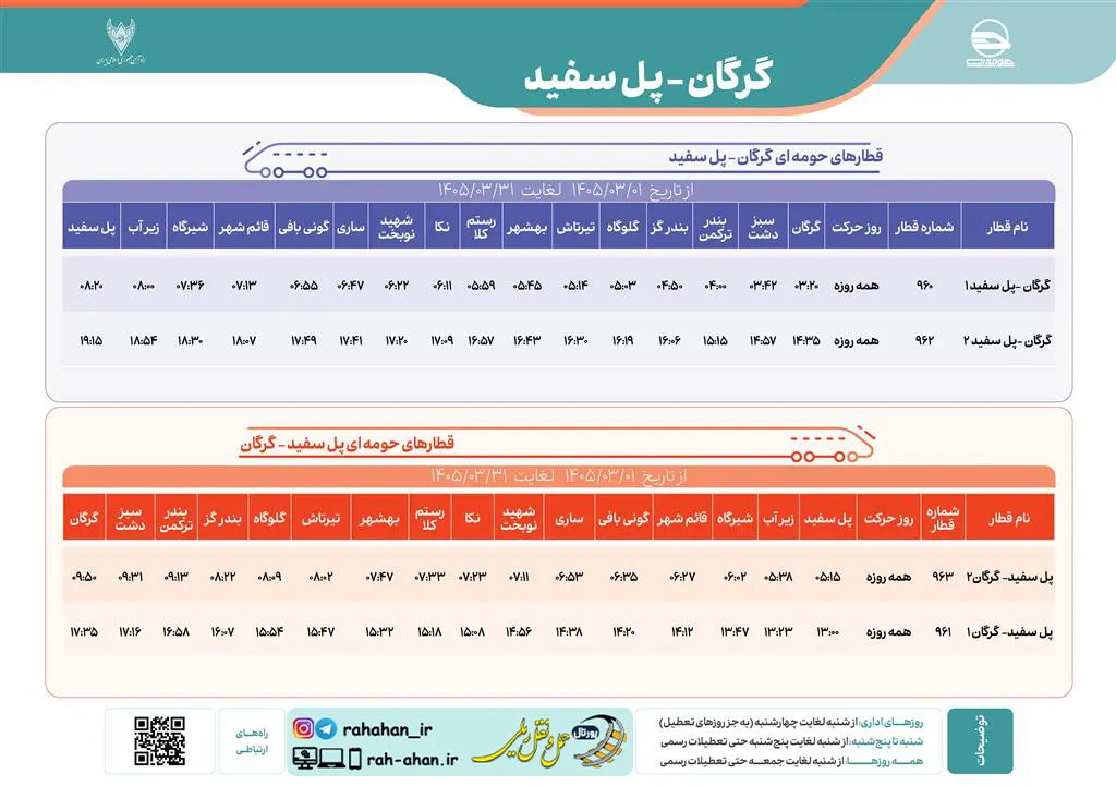 برنامه حرکت قطارهای حومه ای گرگان-پل سفید/بهار1405