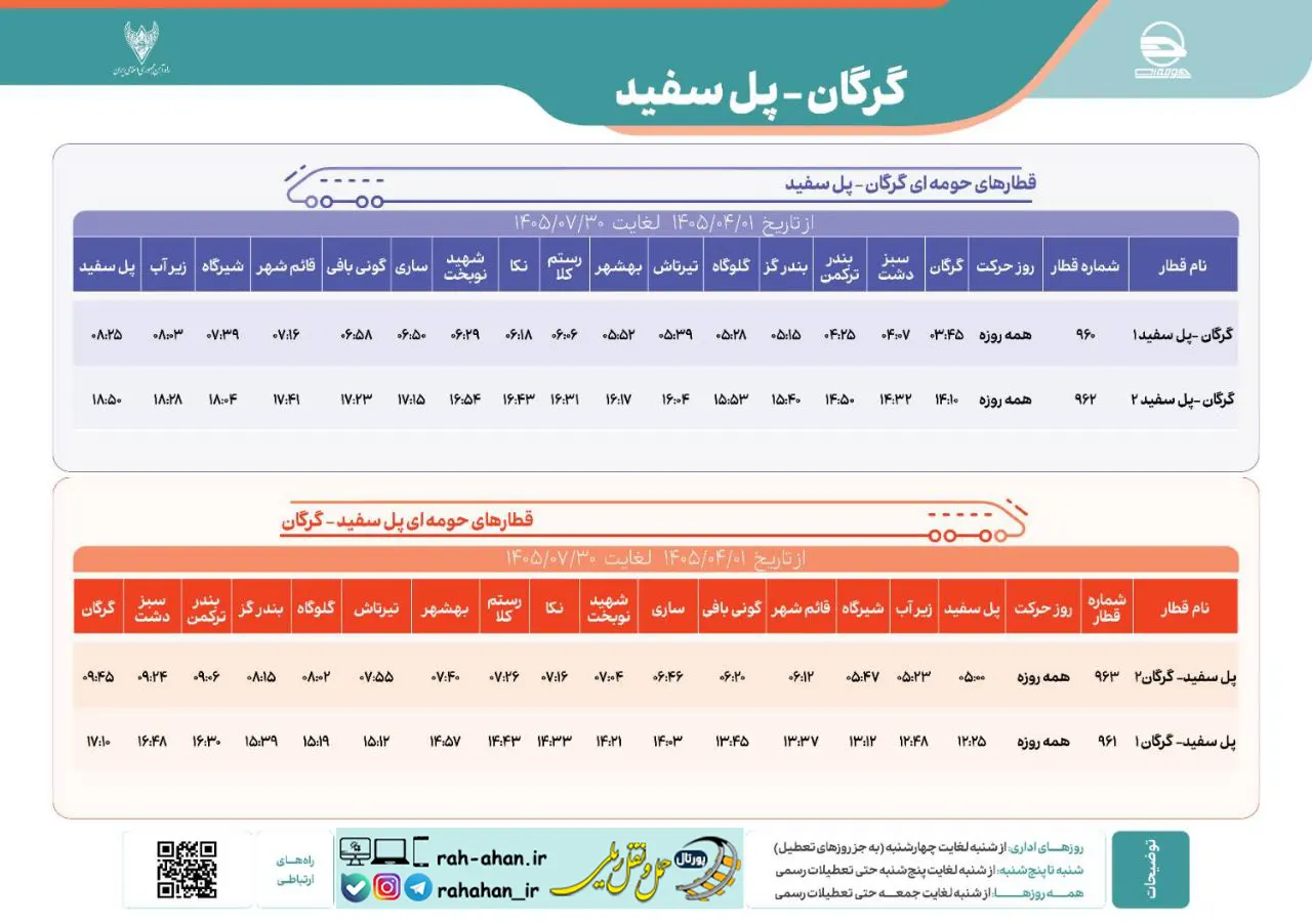 برنامه حرکت قطارهای حومه ای گرگان-پل سفید/تابستان1405