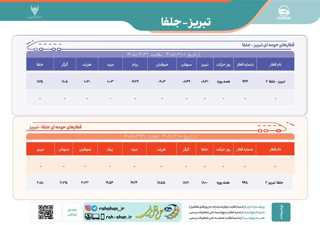 برنامه حرکت قطارهای حومه ای تبریز - جلفا/بهار1405