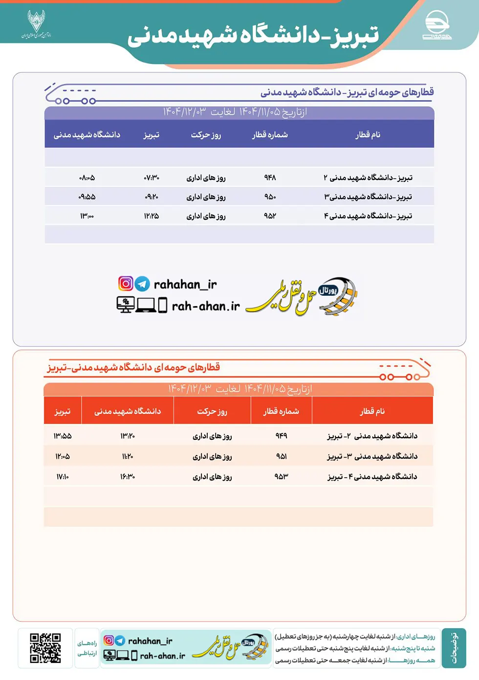 برنامه حرکت قطار تبریز - دانشگاه شهیدمدنی آذربایجان