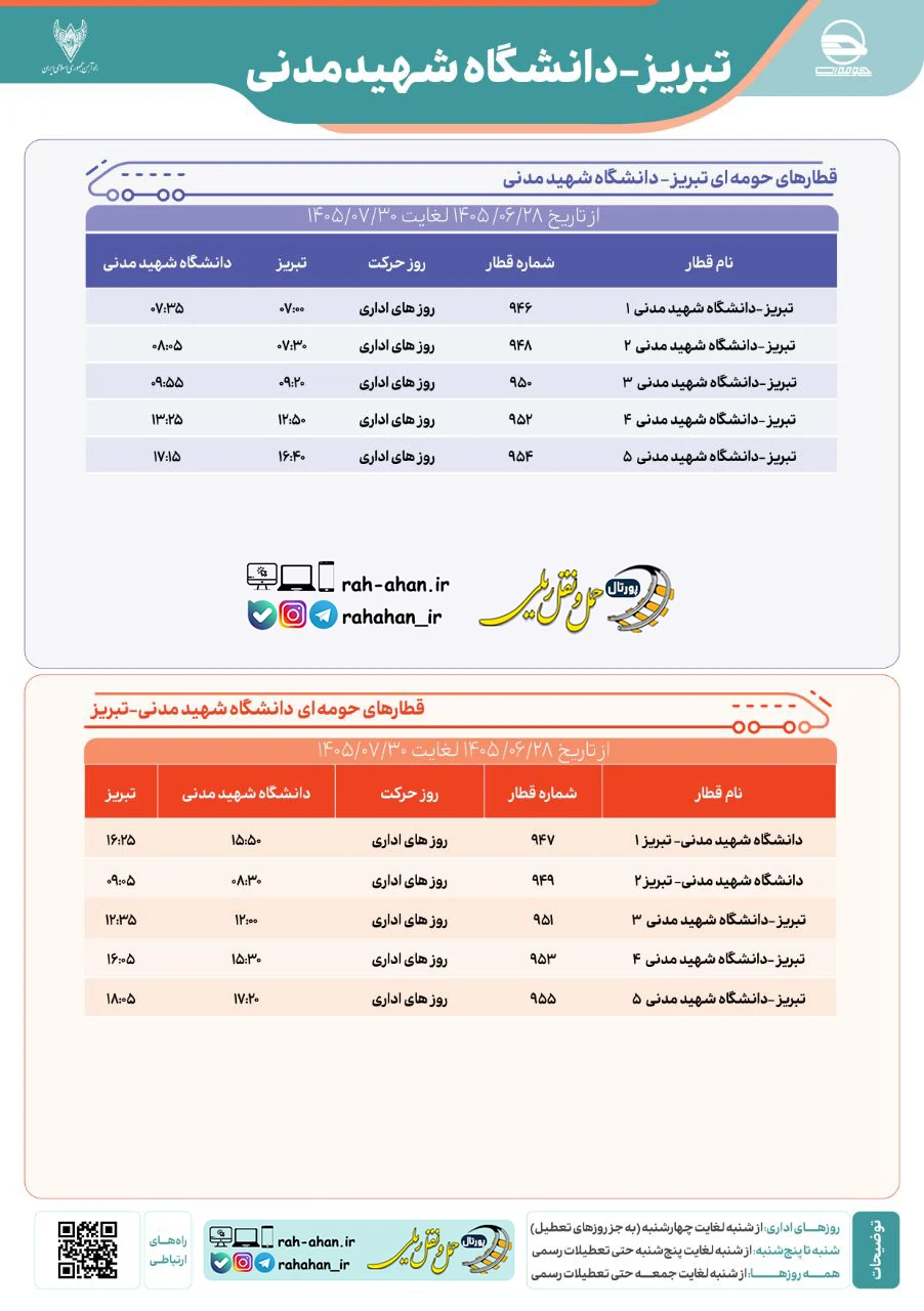 برنامه حرکت قطار تبریز - دانشگاه شهیدمدنی آذربایجان