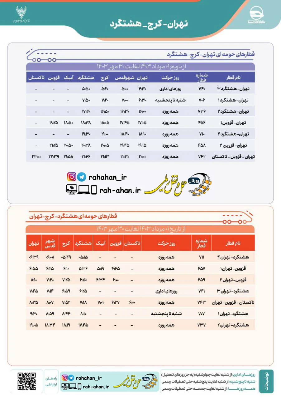 برنامه حرکت قطارهای حومه ای تهران-کرج-هشتگرد-قزوین/تابستان و پاییز1403