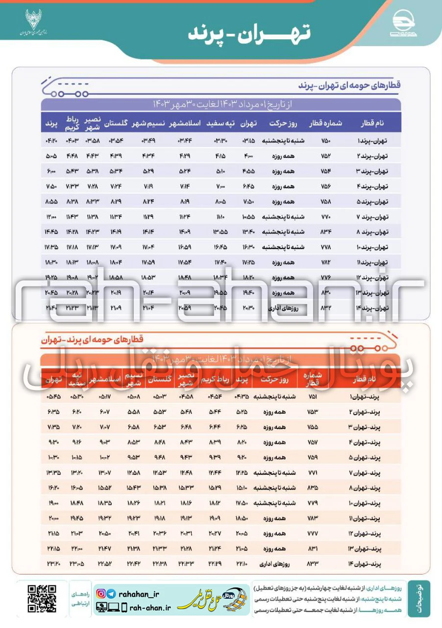 برنامه حرکت قطارهای حومه ای تهران-پرند/تابستان و پاییز1403