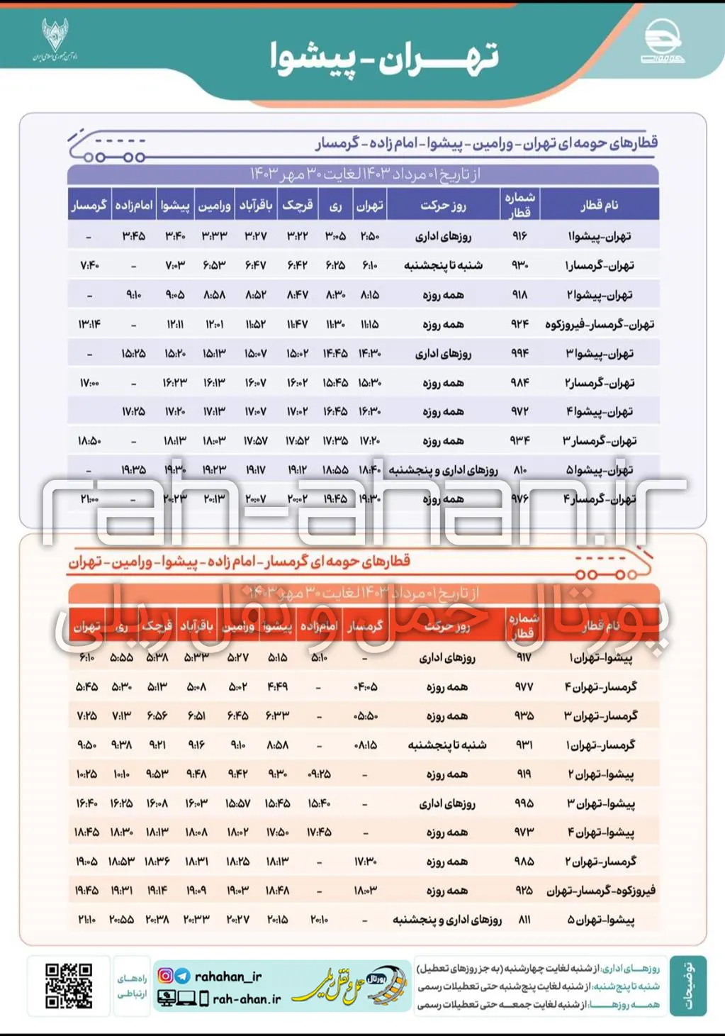 برنامه حرکت قطارهای حومه ای تهران-پیشوا-گرمسار/تابستان و پاییز1403