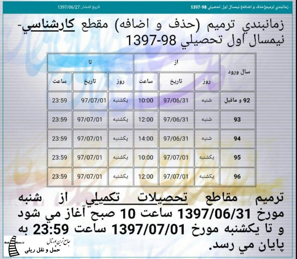 زمانبندی حذف و اضافه نیمسال اول ۹۷-۹۸ دانشگاه علم و صنعت ایران