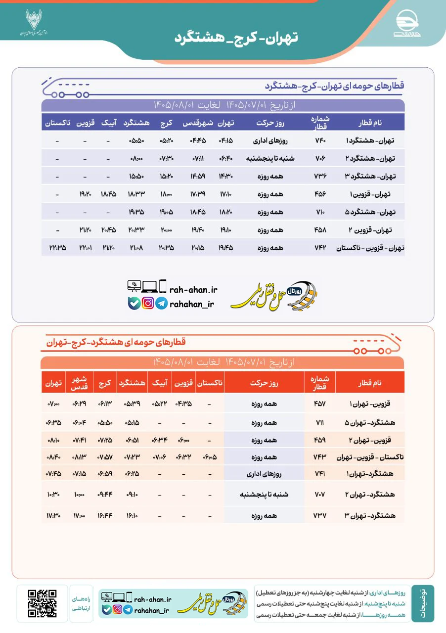 برنامه حرکت قطارهای حومه ای تهران-کرج-هشتگرد-قزوین/پاییز1405