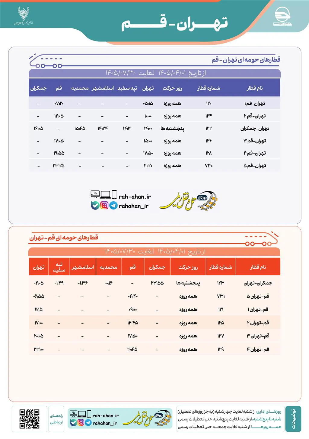 برنامه حرکت قطارهای حومه ای تهران-قم/تابستان1405