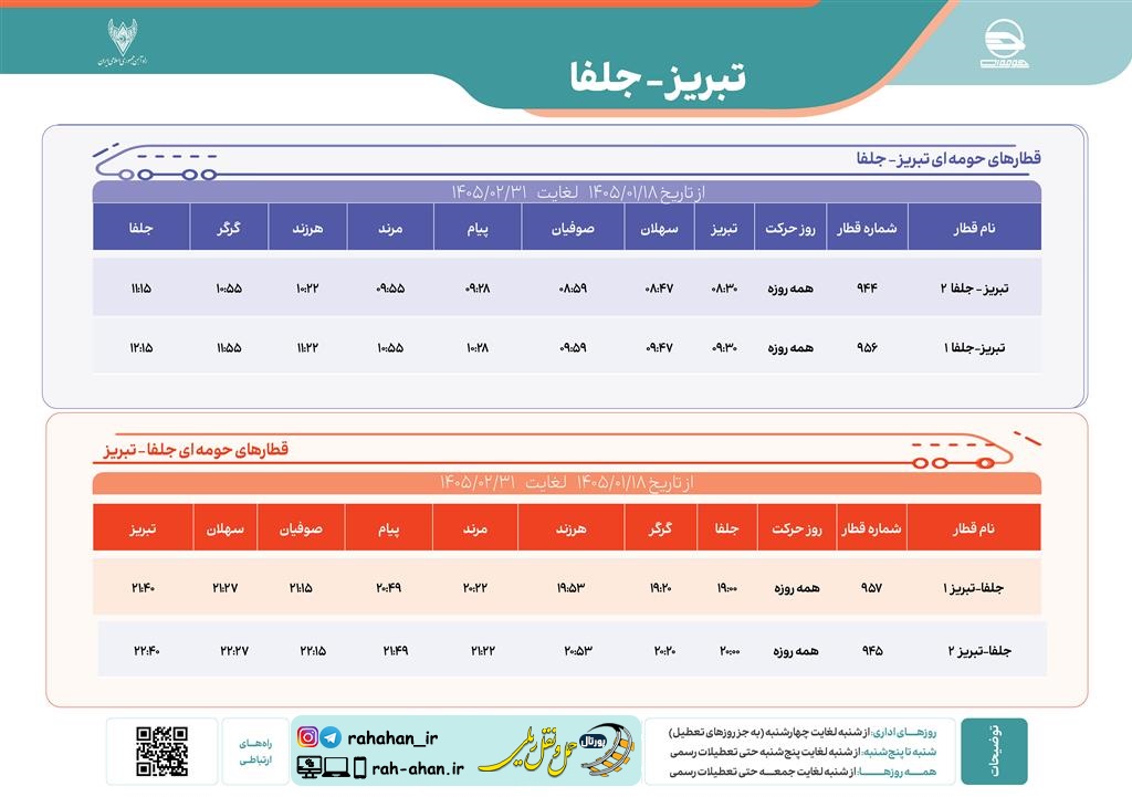 برنامه حرکت قطارهای حومه ای تبریز - جلفا/بهار1405