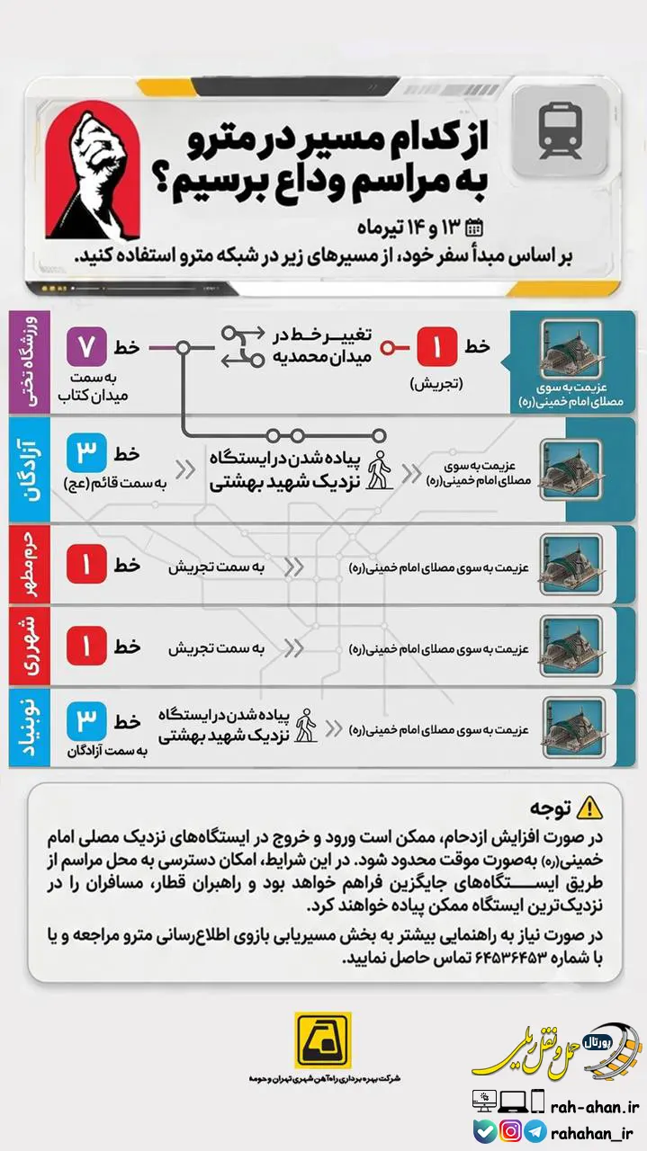 مسیرهای دسترسی به مصلی امام خمینی با مترو در روزهای ۱۳ و ۱۴ تیر